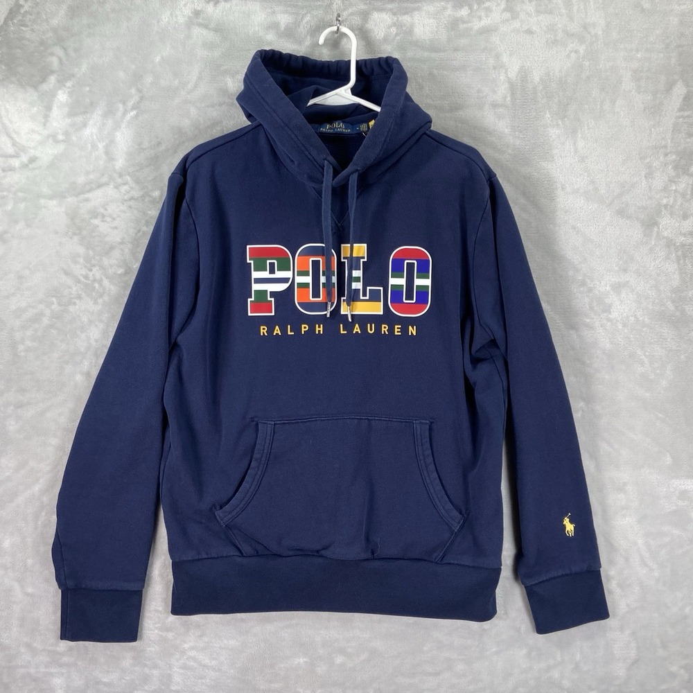 Polo Ralph Lauren Hoodie Mens Medium Pullover Sweatshirt Striped Spellout Logo